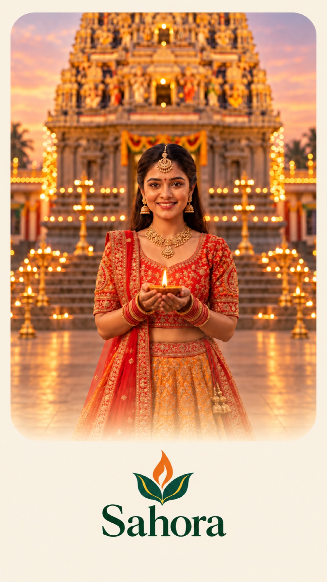 Sahora artwork: a woman holding a diya in front of a warmly lit temple